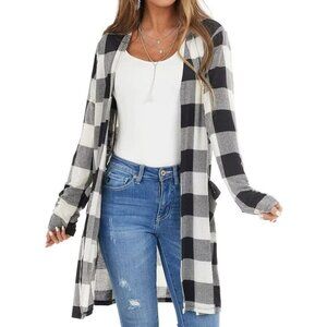 Women's Buffalo Plaid Knit Long Cardigan V Neck Pockets Plus Size